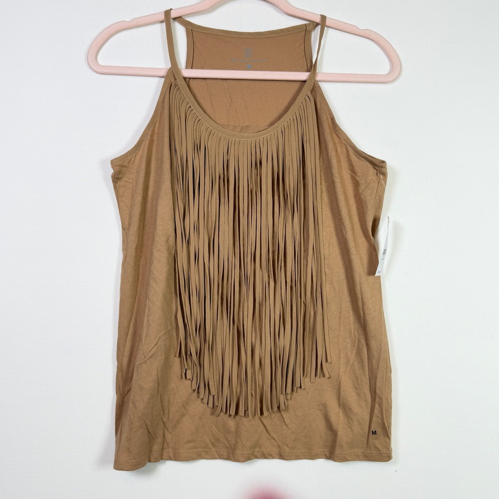 NEW YORK & COMPANY Tan Fringe Bib Halter Tank Top Medium